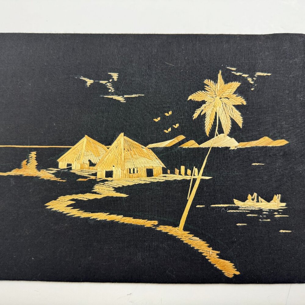 Vintage Wall Art Asian Scene Straw on Black Velvet Handmade